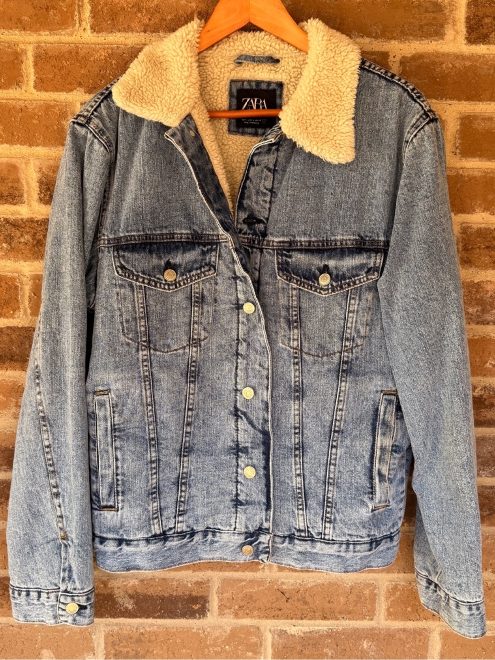Zara Light Blue Denim Jacket with Cream Sherpa Collar & lining.